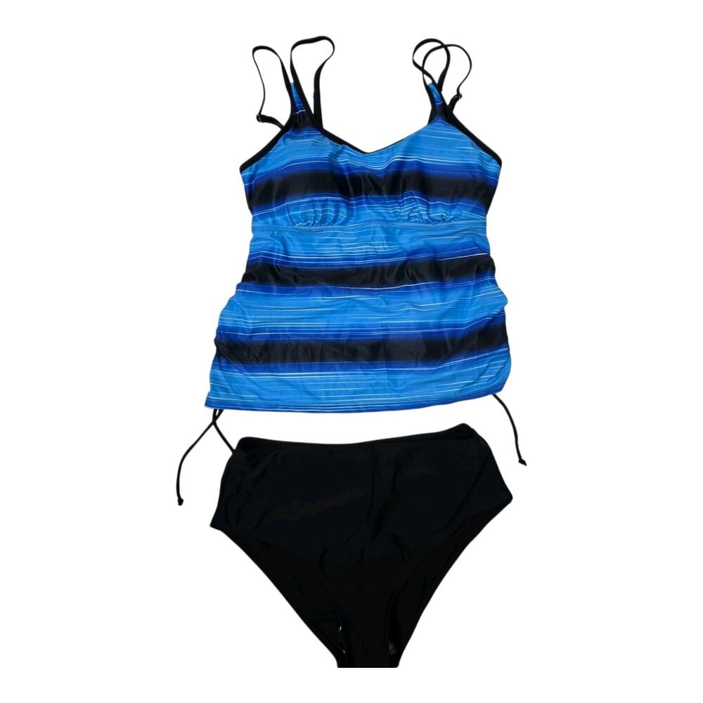 Women's Blue Tankini Set Two Piece Tummy Control High Waist Swimsuit Size Large - Picture 3 of 6